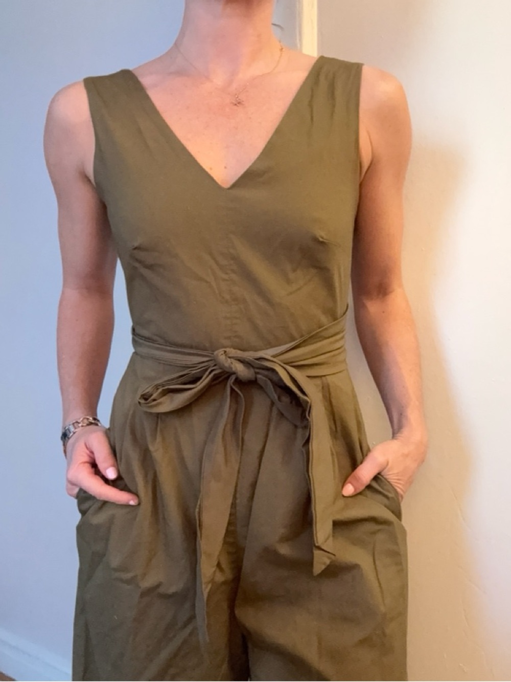 •J Crew Olive V-Neck Jumpsuit with Waist Tie•
